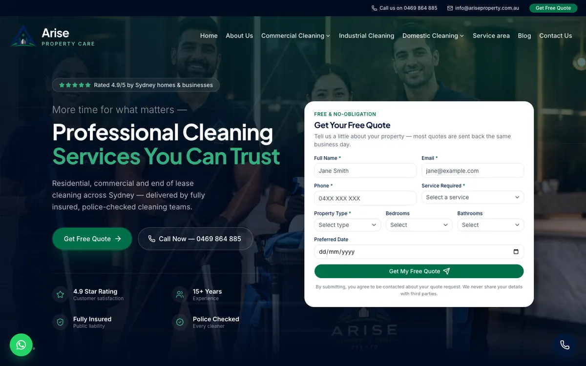 Arise Property Care website on a laptop showing a quote form and the headline Professional Cleaning Services You Can Trust