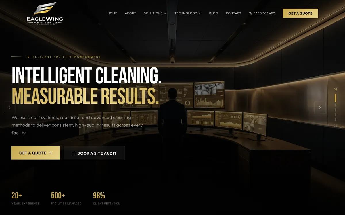 EagleWing Facility Services website on a laptop with the headline Intelligent Cleaning, Measurable Results