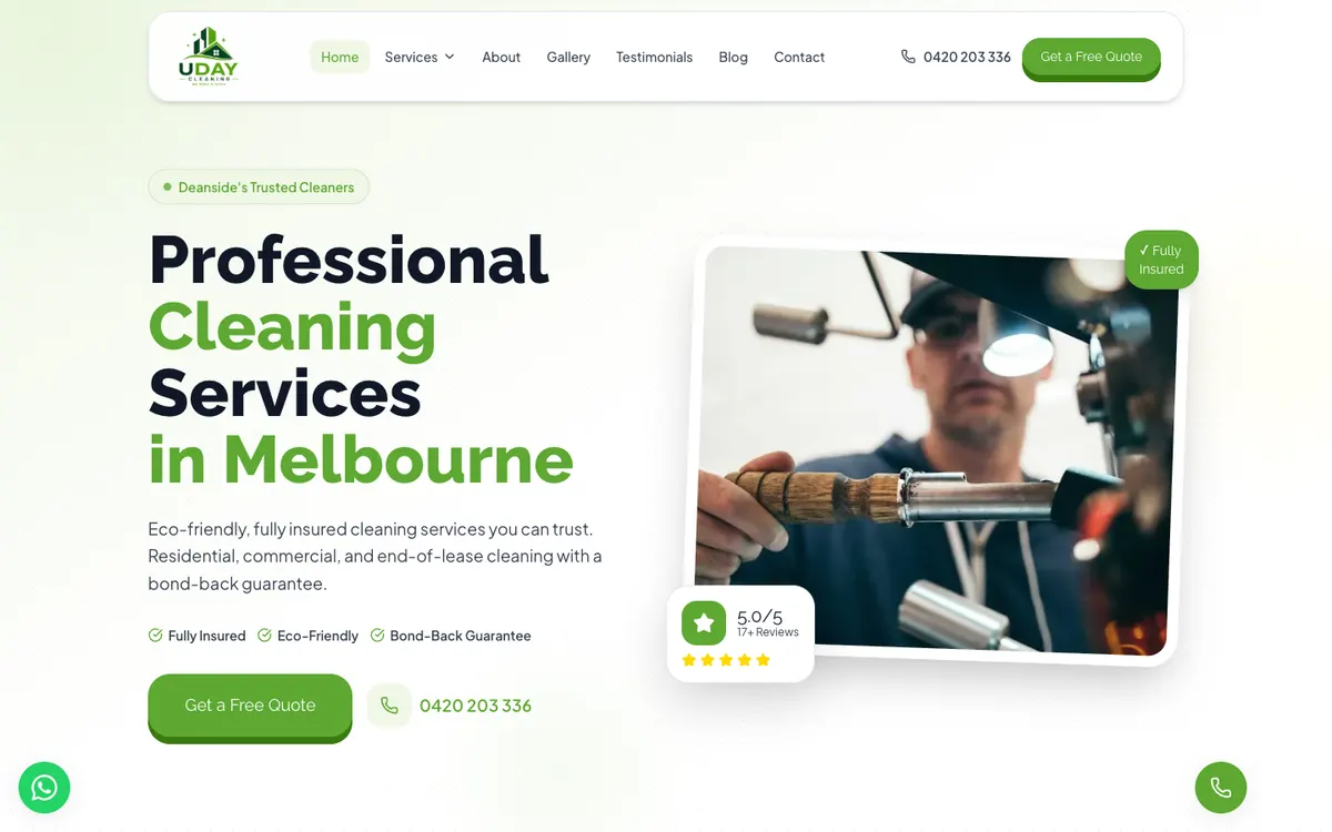 Uday Cleaning website on a laptop showing the free-quote button and phone number