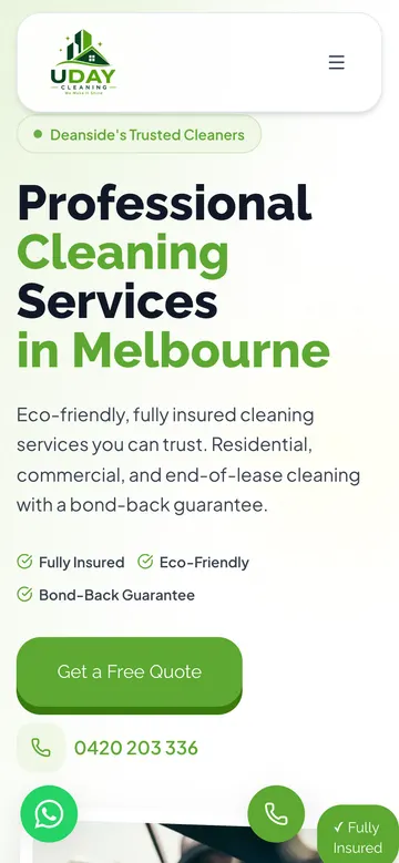 Uday Cleaning website on a phone